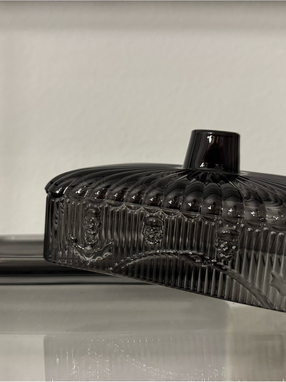 Smoky Ribbed Glass Skull Butter Dish